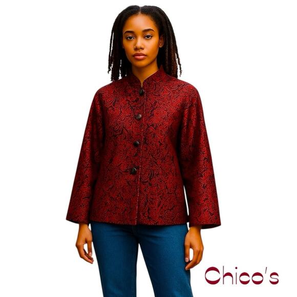 Chico’s Metallic Red Black Party Event Glam Women’s Jacket NWOT Size 12 - Picture 1 of 12